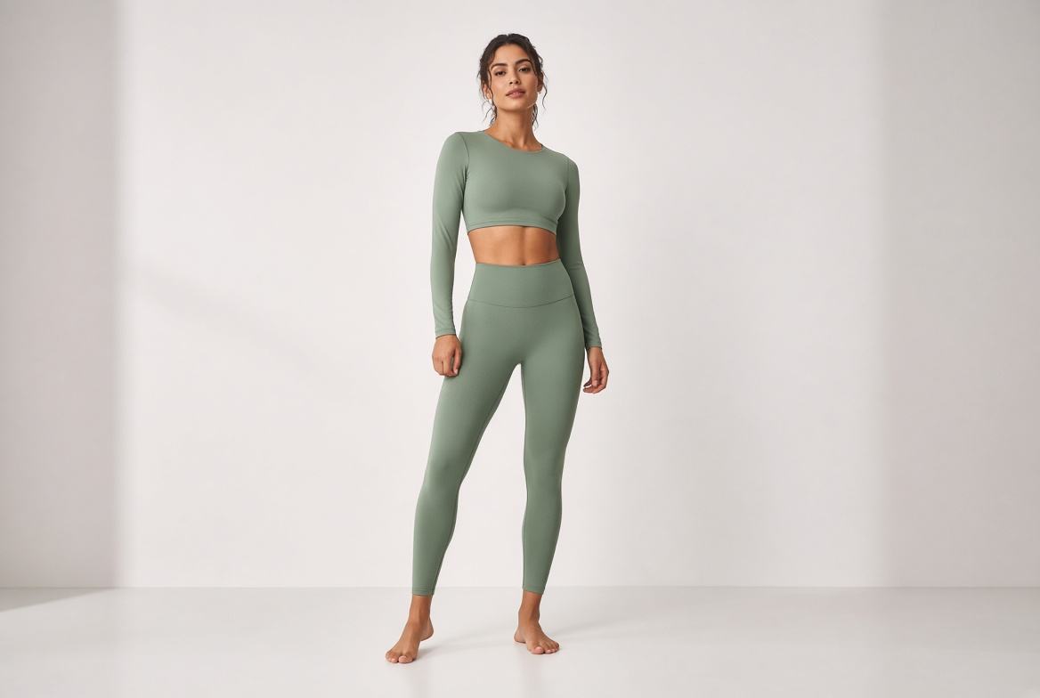 Full-length woman in sage athletic set